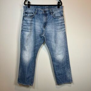 GAP Premium Straight Jeans Medium Blue Wash Faded Denim Distressed Mens Sz 36x30